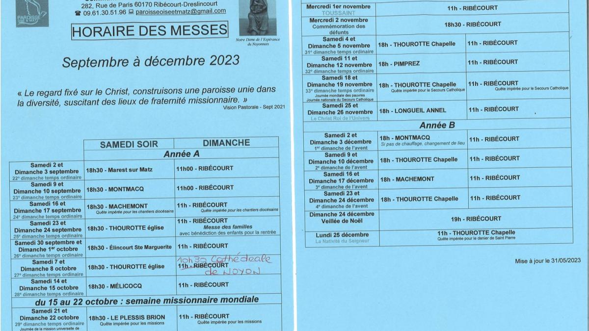 Horaire des messes de 09 à 12/2023