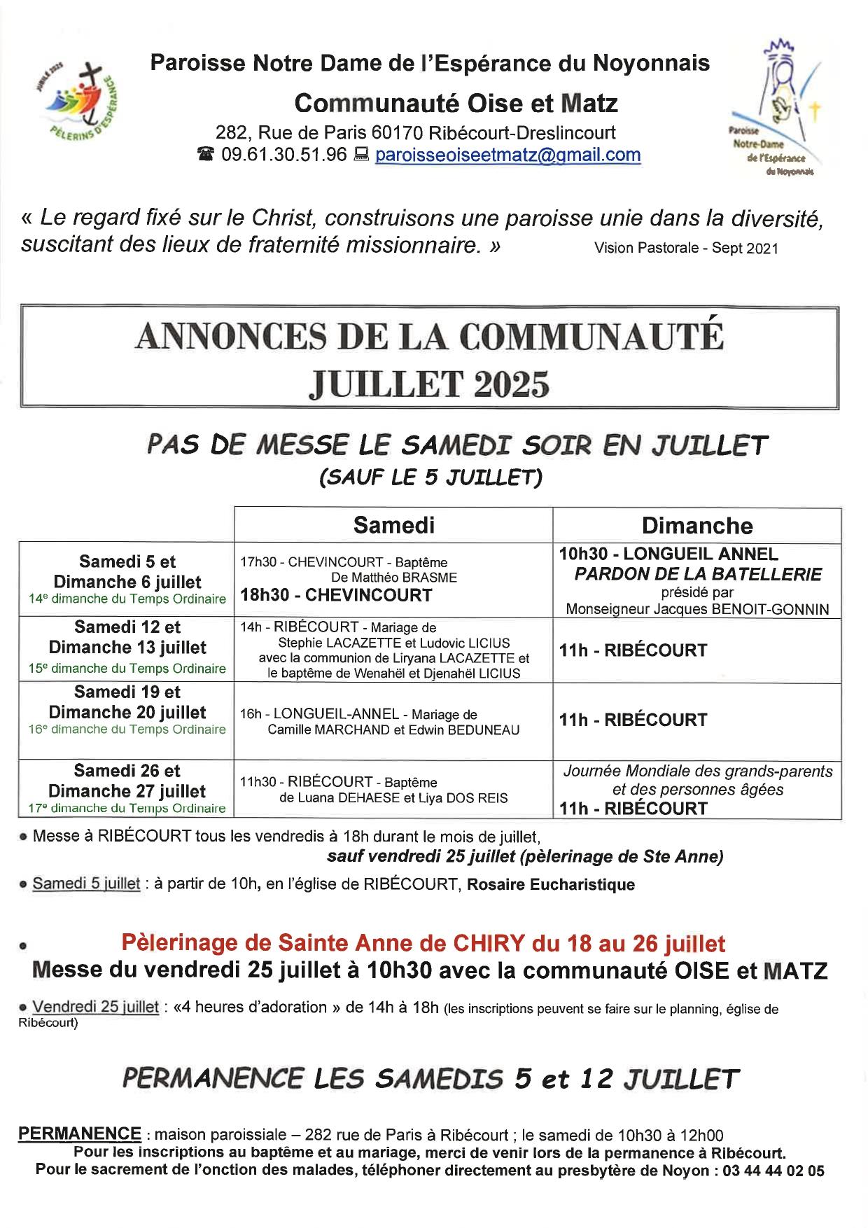 Annonces paroisse juillet 2025