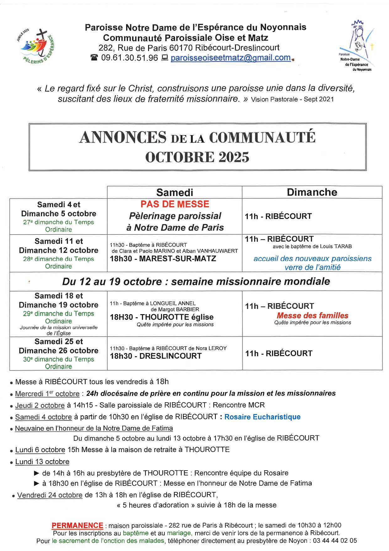 Annonces paroisse octobre 2025