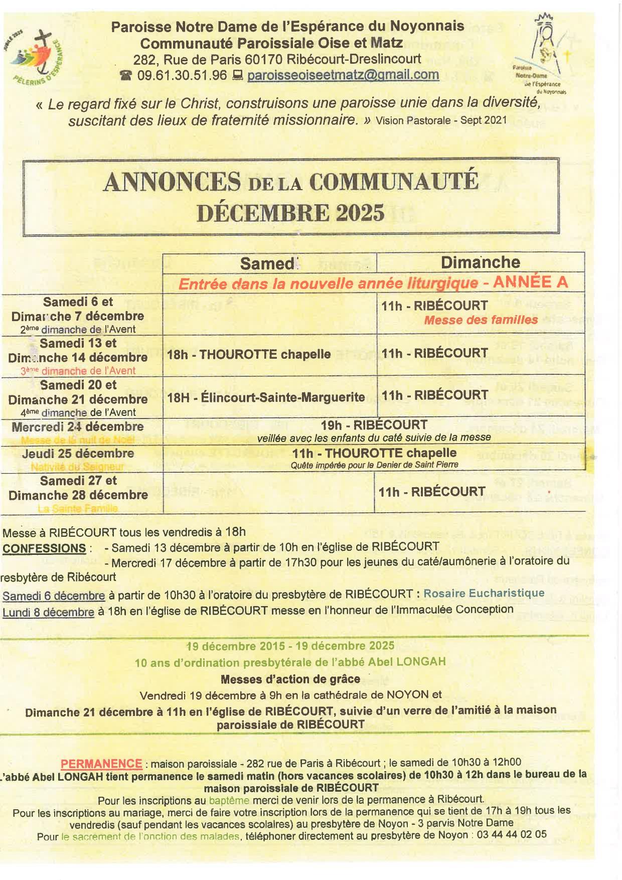 Annonces paroisses décembre 2025